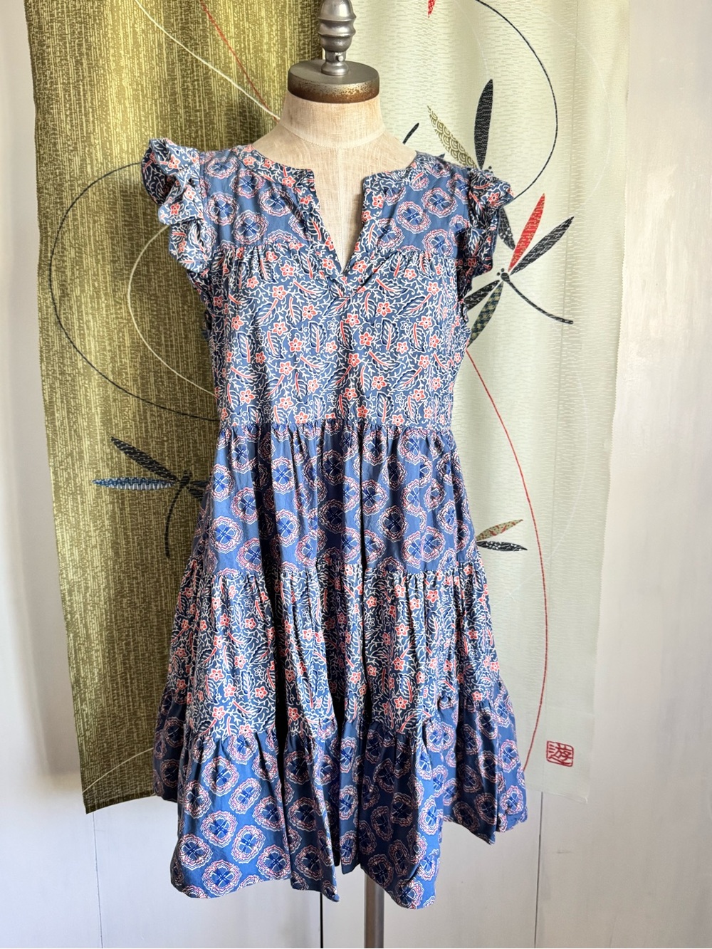Roller Rabbitt Anthropologie Blue Floral Tiered Ruffle Sleeve Dress - Sz Small